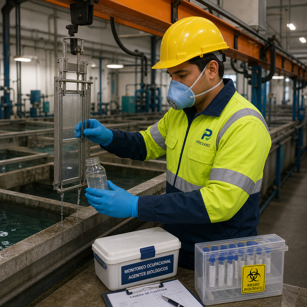 Especialista PREVAK realizando muestreo de agentes biológicos en planta de tratamiento de agua