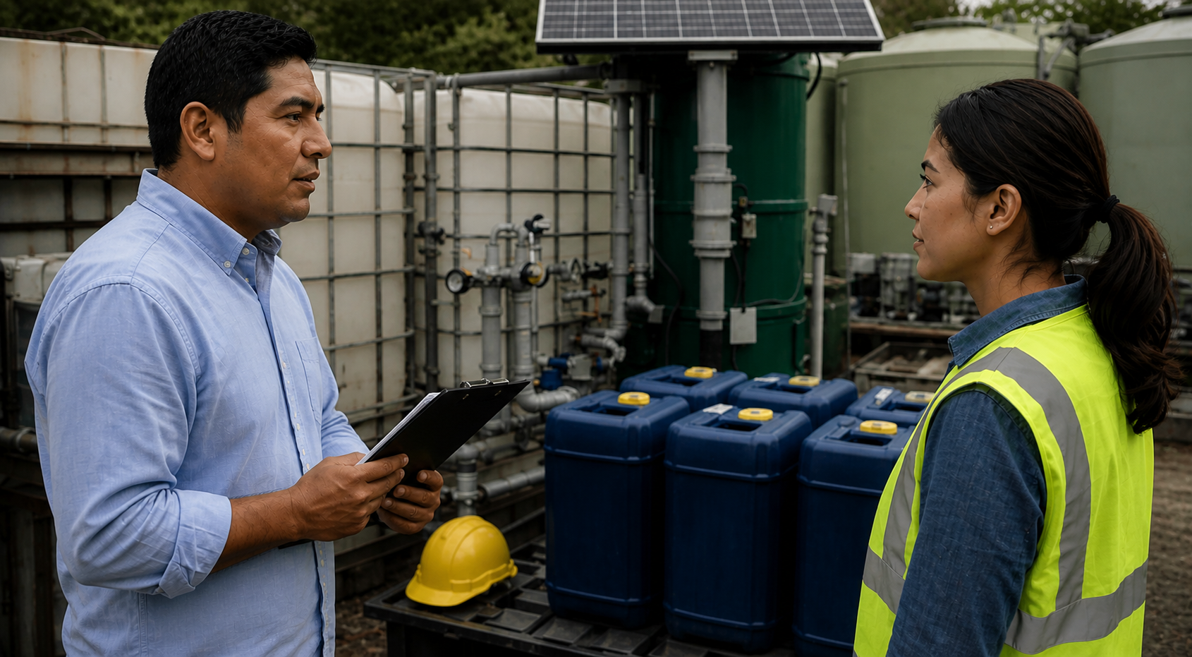 Técnicos especialistas evaluando agentes químicos junto a tanques de almacenamiento industrial